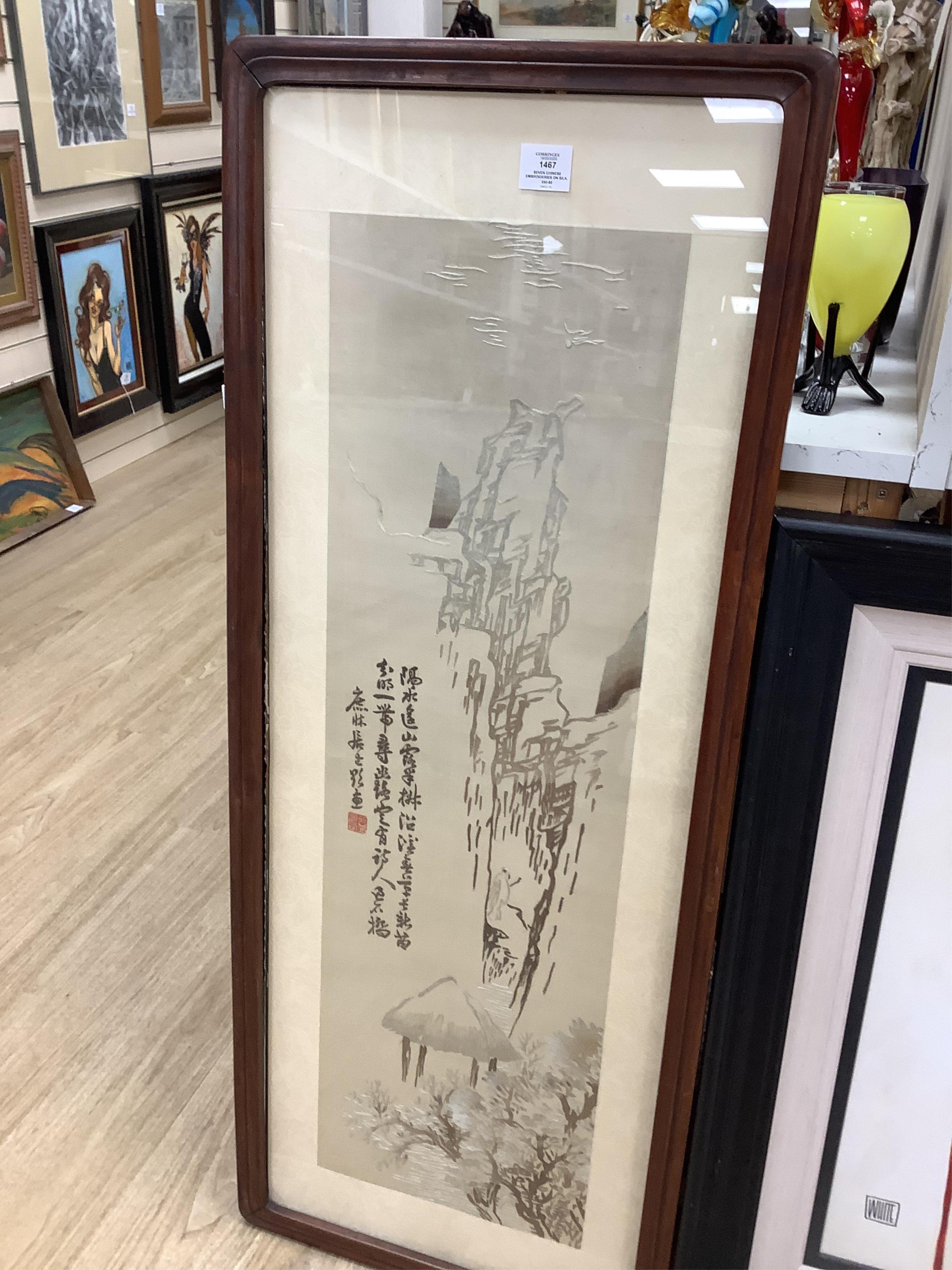 Seven Chinese embroideries on silk, mountainous landscapes and birds, largest 121cm high